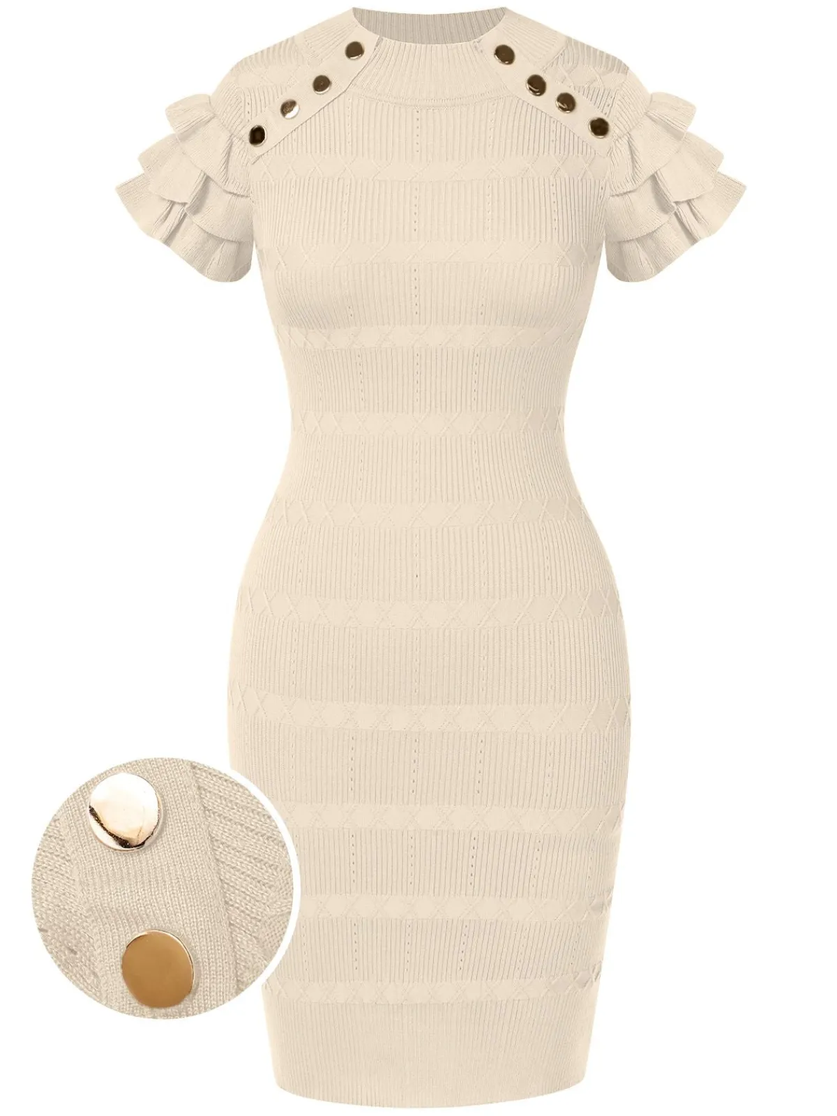 Best Retro Stage 1960s Metal Button Ruffle Sleeve Sweater Dress