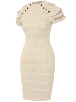 Best Retro Stage 1960s Metal Button Ruffle Sleeve Sweater Dress