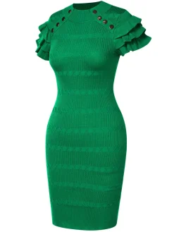 Best Retro Stage 1960s Metal Button Ruffle Sleeve Sweater Dress