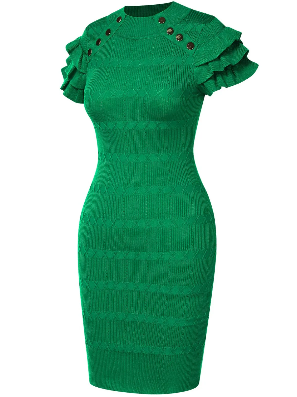 Best Retro Stage 1960s Metal Button Ruffle Sleeve Sweater Dress