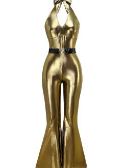 Online Retro Stage 1970s Metallic Disco Halter Belted Jumpsuit