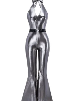 Online Retro Stage 1970s Metallic Disco Halter Belted Jumpsuit