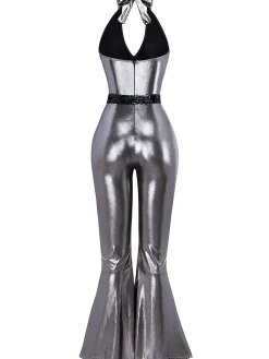 Online Retro Stage 1970s Metallic Disco Halter Belted Jumpsuit