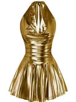 Hot Retro Stage 1970s Metallic V-Neck Pleated Mini Dress