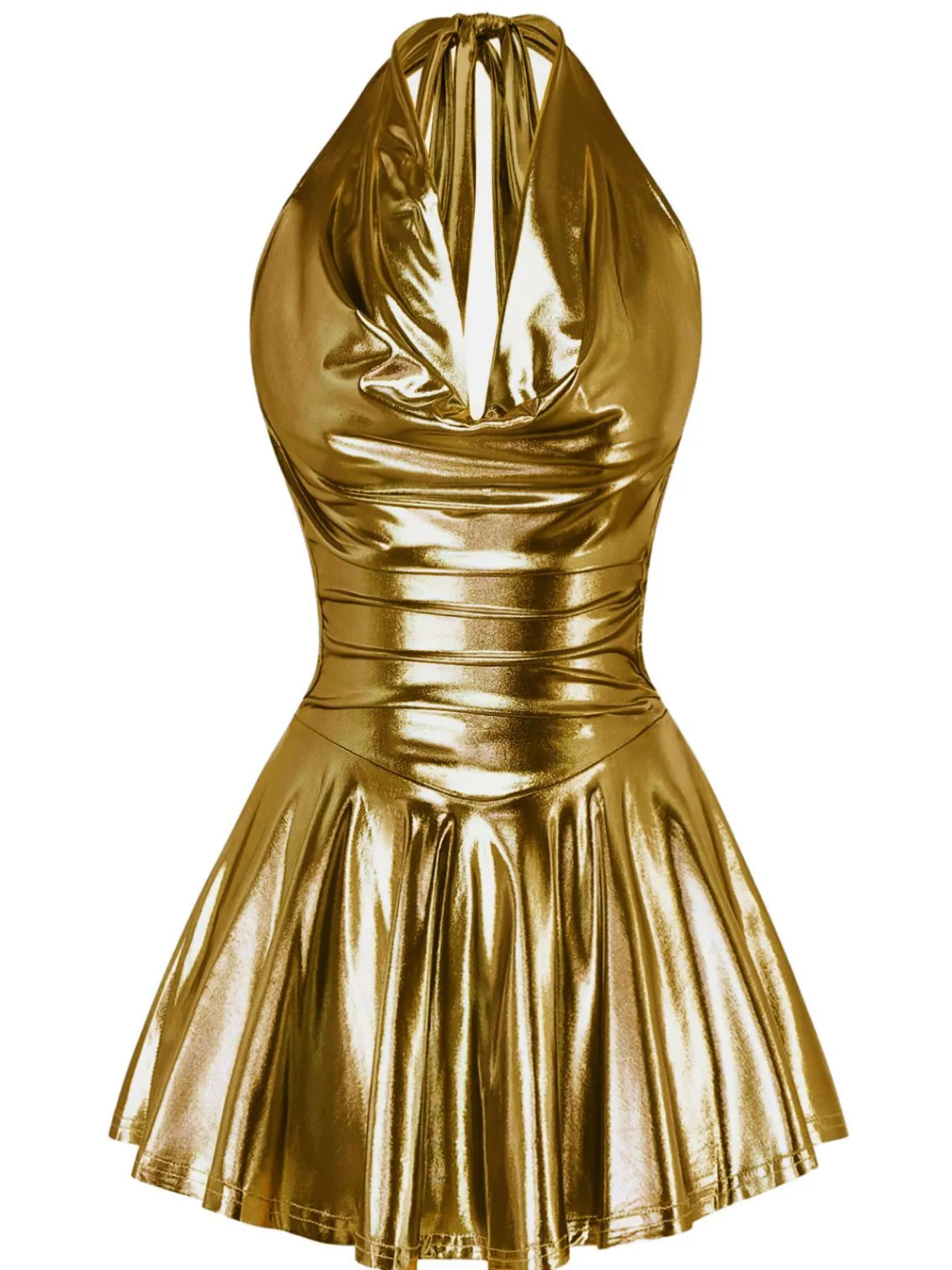 Hot Retro Stage 1970s Metallic V-Neck Pleated Mini Dress