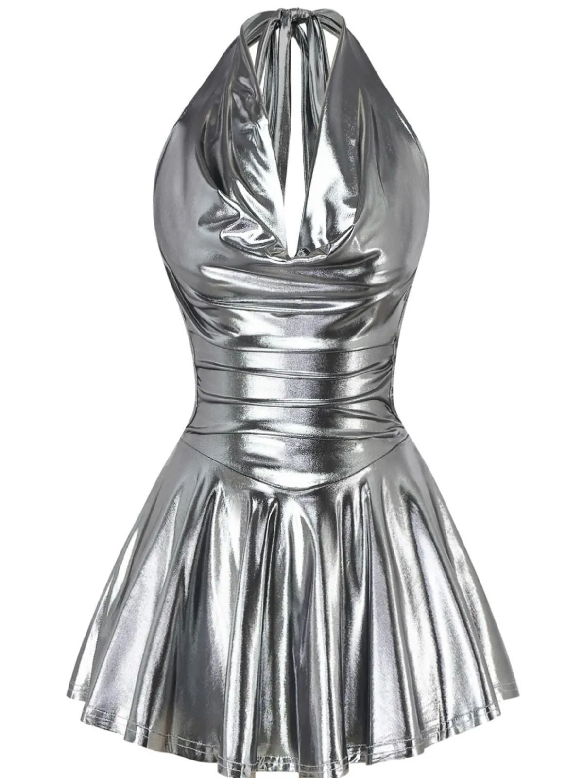 Hot Retro Stage 1970s Metallic V-Neck Pleated Mini Dress