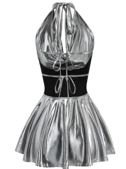 Hot Retro Stage 1970s Metallic V-Neck Pleated Mini Dress