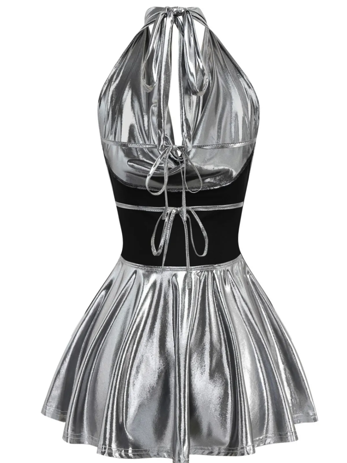 Hot Retro Stage 1970s Metallic V-Neck Pleated Mini Dress
