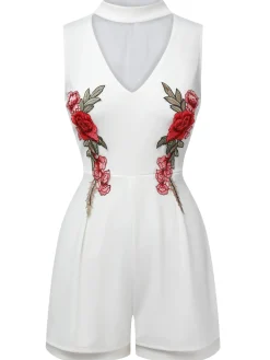 New Retro Stage 1950s Mock Neck Floral Embroidered Cutout Romper