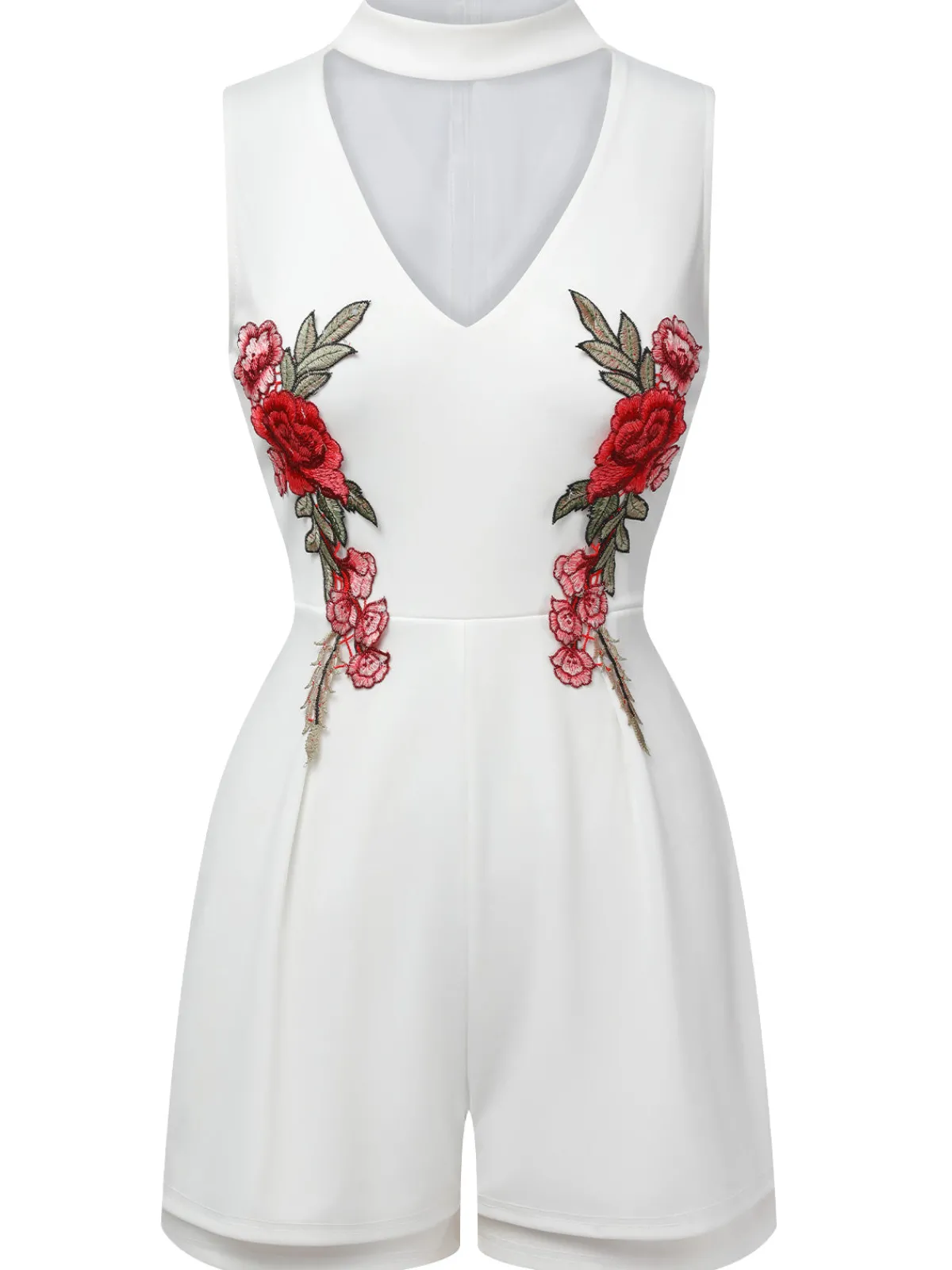 New Retro Stage 1950s Mock Neck Floral Embroidered Cutout Romper