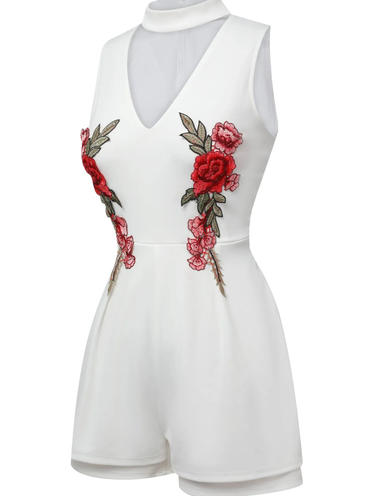 New Retro Stage 1950s Mock Neck Floral Embroidered Cutout Romper