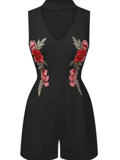 New Retro Stage 1950s Mock Neck Floral Embroidered Cutout Romper