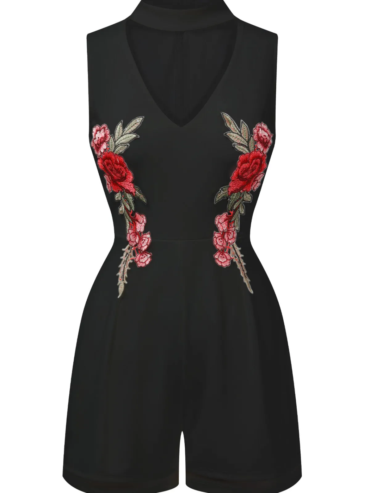 New Retro Stage 1950s Mock Neck Floral Embroidered Cutout Romper