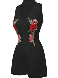 New Retro Stage 1950s Mock Neck Floral Embroidered Cutout Romper