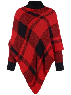 Hot Retro Stage 1950s Mock Neck Plaid Knit Poncho Sweater