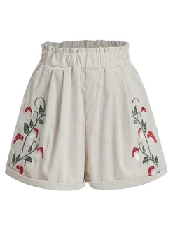 Best Retro Stage 1940s Mushroom Embroidered Corduroy Shorts