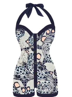 New Retro Stage 1950s Butterfly Halter Swimsuit Navy Blue