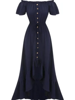 Online Retro Stage 1930s One-Shoulder Button Long Dress Navy Blue