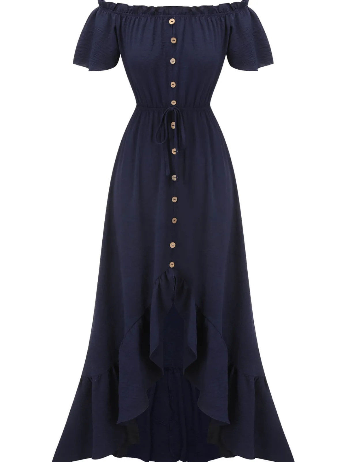 Online Retro Stage 1930s One-Shoulder Button Long Dress Navy Blue