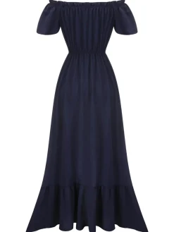 Online Retro Stage 1930s One-Shoulder Button Long Dress Navy Blue
