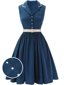 Best Retro Stage 1960s Sleeveless Lapel Dress Navy Blue