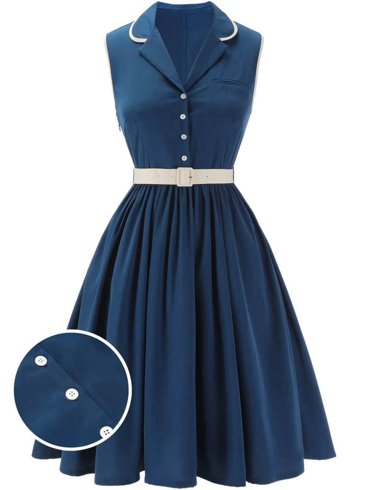 Best Retro Stage 1960s Sleeveless Lapel Dress Navy Blue