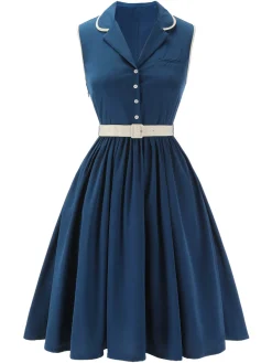 Best Retro Stage 1960s Sleeveless Lapel Dress Navy Blue