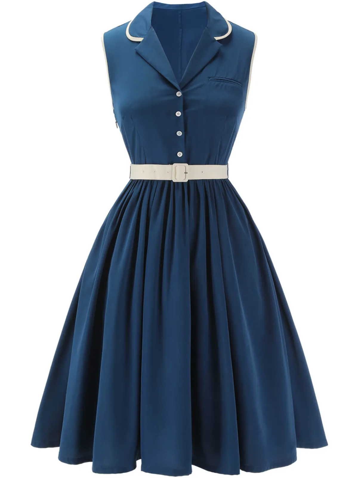 Best Retro Stage 1960s Sleeveless Lapel Dress Navy Blue