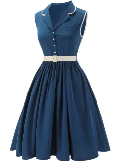 Best Retro Stage 1960s Sleeveless Lapel Dress Navy Blue