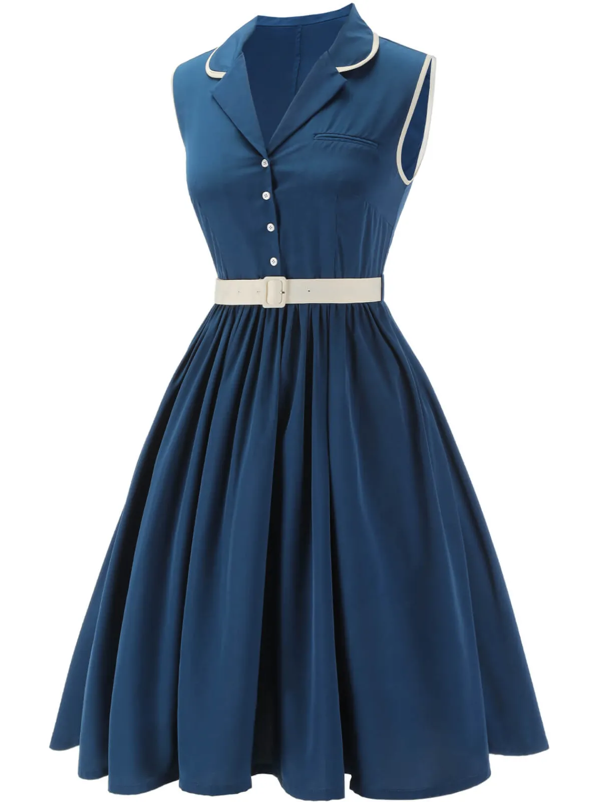 Best Retro Stage 1960s Sleeveless Lapel Dress Navy Blue