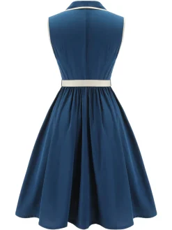 Best Retro Stage 1960s Sleeveless Lapel Dress Navy Blue