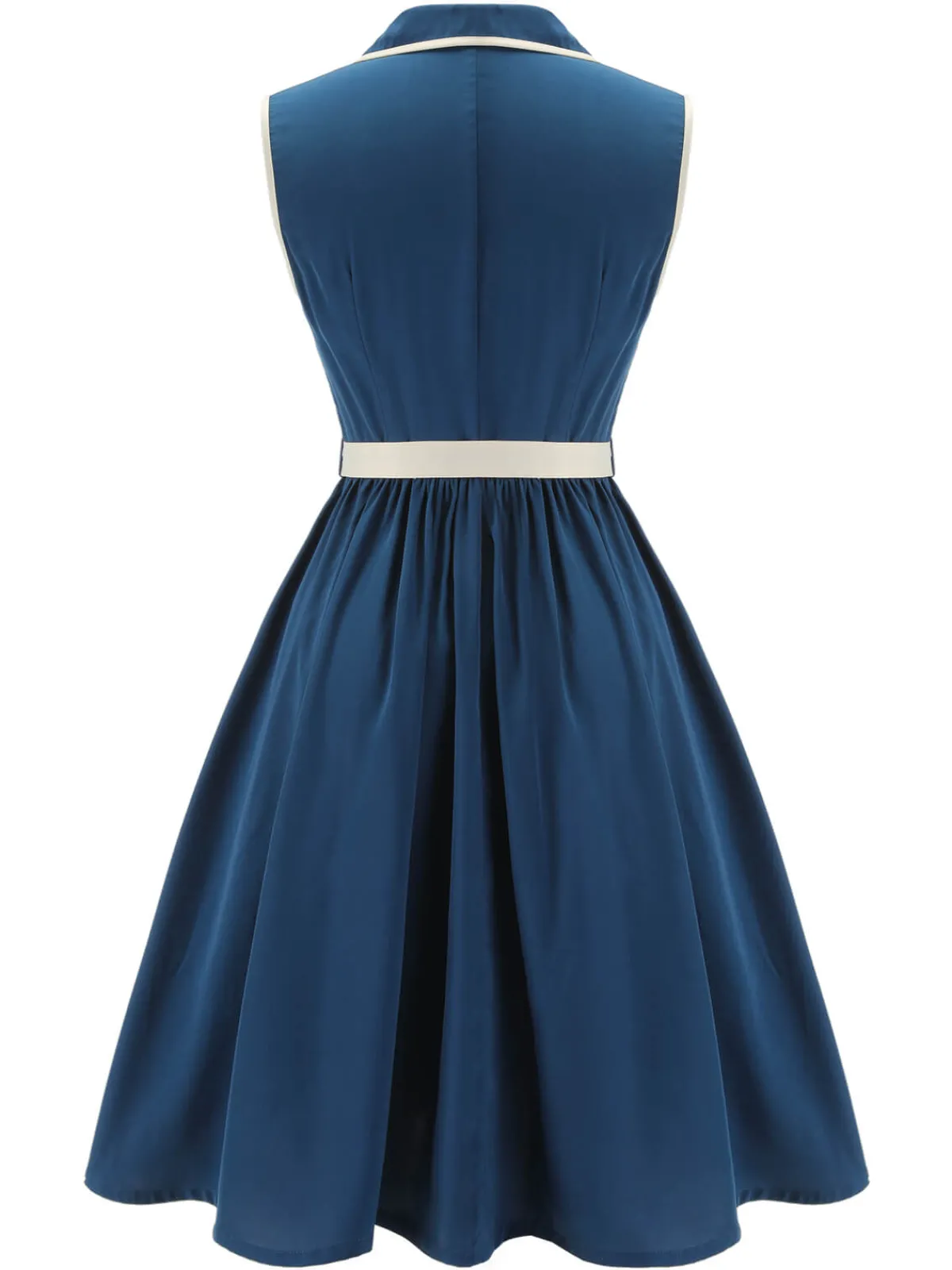 Best Retro Stage 1960s Sleeveless Lapel Dress Navy Blue
