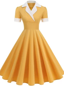 Fashion Retro Stage 1950s Notched Collar Colorblock Swing Dress