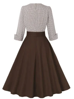 Outlet Retro Stage 1950s Notched Collar Colorblock Gingham Plaid Dress