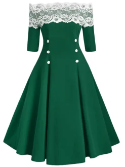 Sale Retro Stage 1950s Off Shoulder Button Embellished Dress