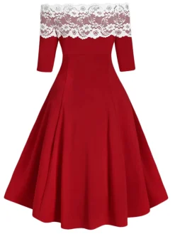 Sale Retro Stage 1950s Off Shoulder Button Embellished Dress