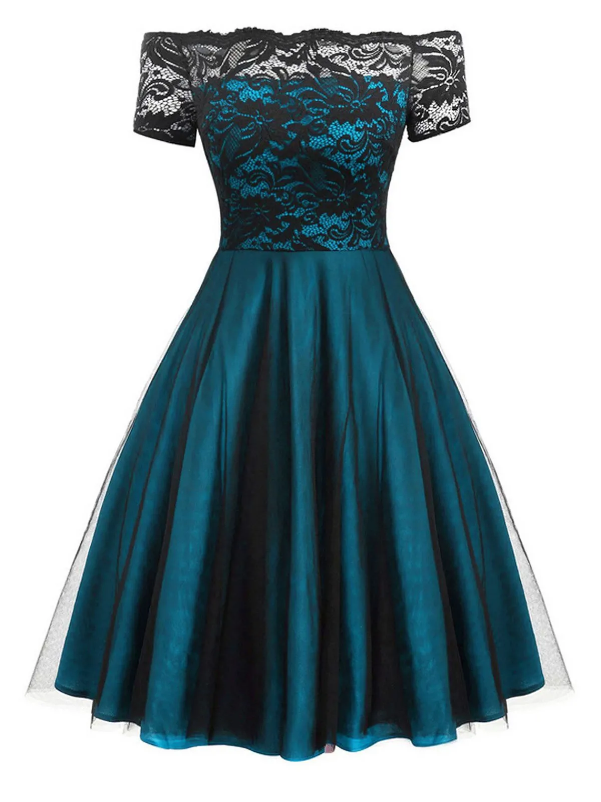 New Retro Stage 1950s Off Shoulder Lace Swing Dress Dark Green