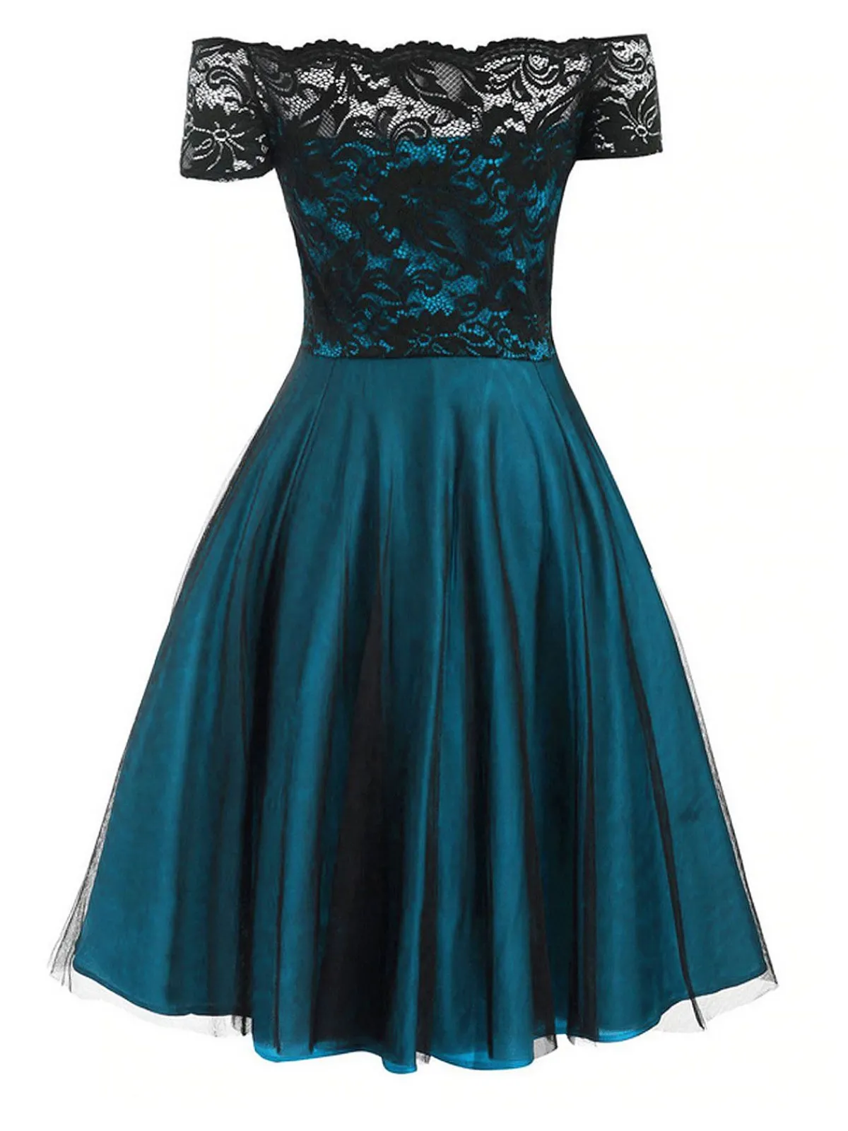 New Retro Stage 1950s Off Shoulder Lace Swing Dress Dark Green
