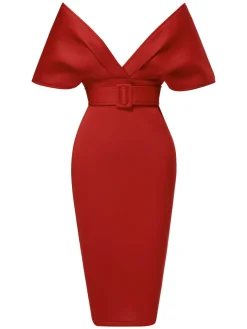 Online Retro Stage 1960s Off-Shoulder Belted Solid Bodycon Dress