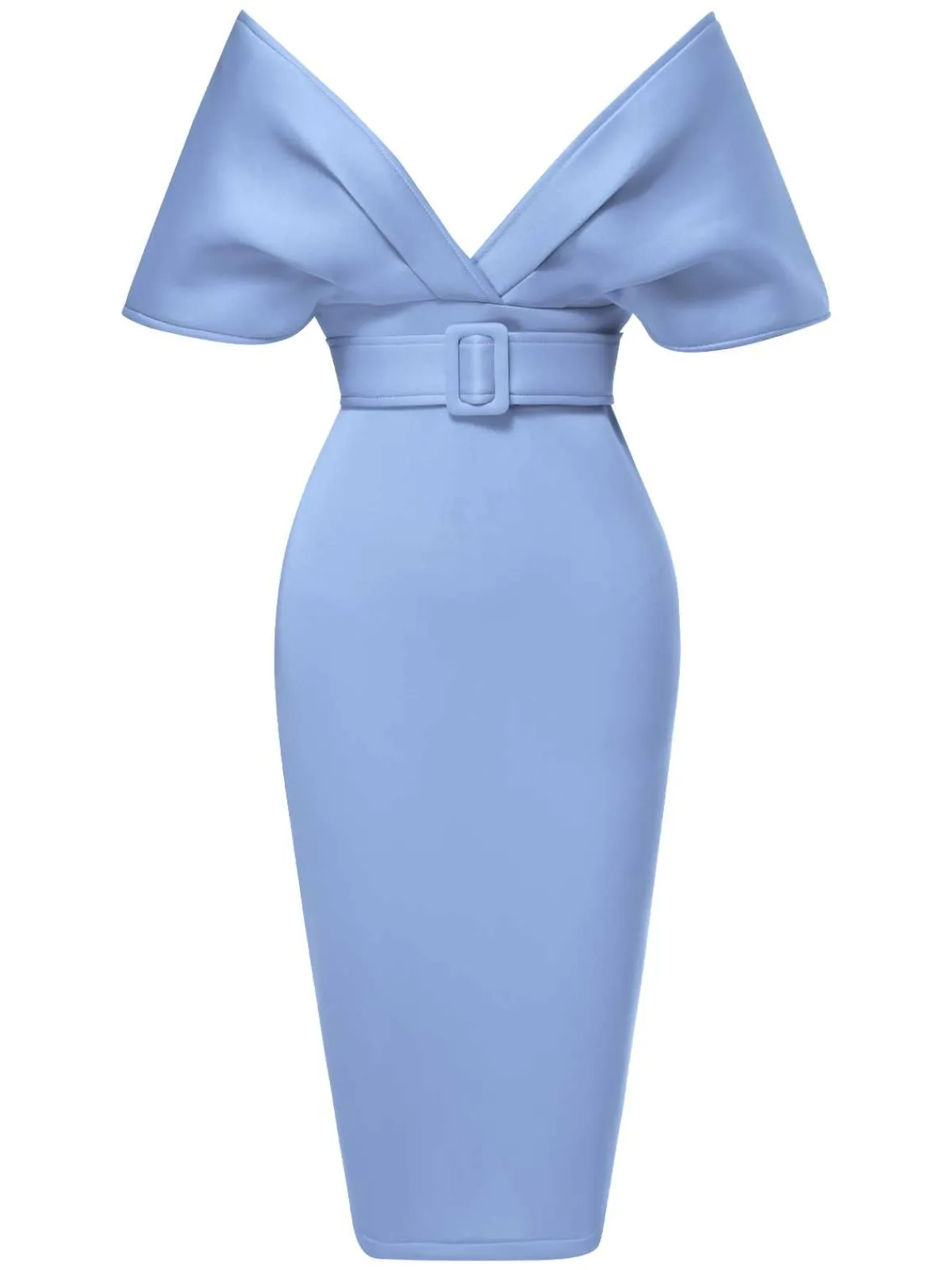 Online Retro Stage 1960s Off-Shoulder Belted Solid Bodycon Dress
