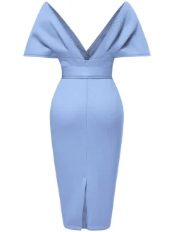 Online Retro Stage 1960s Off-Shoulder Belted Solid Bodycon Dress