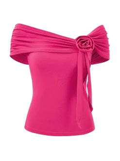 Sale Retro Stage 1960s Off-Shoulder 3D Rose Solid Top