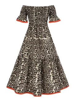 Online Retro Stage 1970s Off-Shoulder Flare Sleeve Dress Leopard