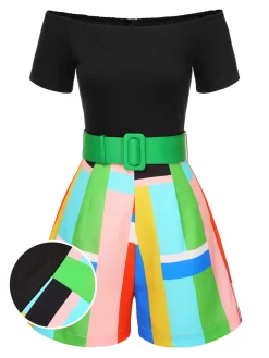 Sale Retro Stage 1980s Off-Shoulder Geometric Colorblock Belted Romper Black