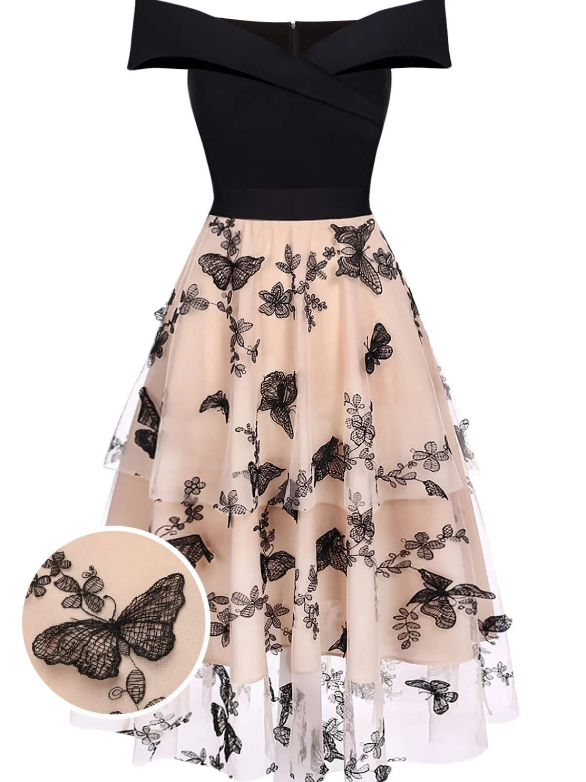 Best Retro Stage 1950s Off-shoulder Lace Butterfly Swing Dress Black
