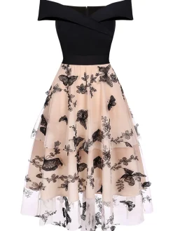 Best Retro Stage 1950s Off-shoulder Lace Butterfly Swing Dress Black