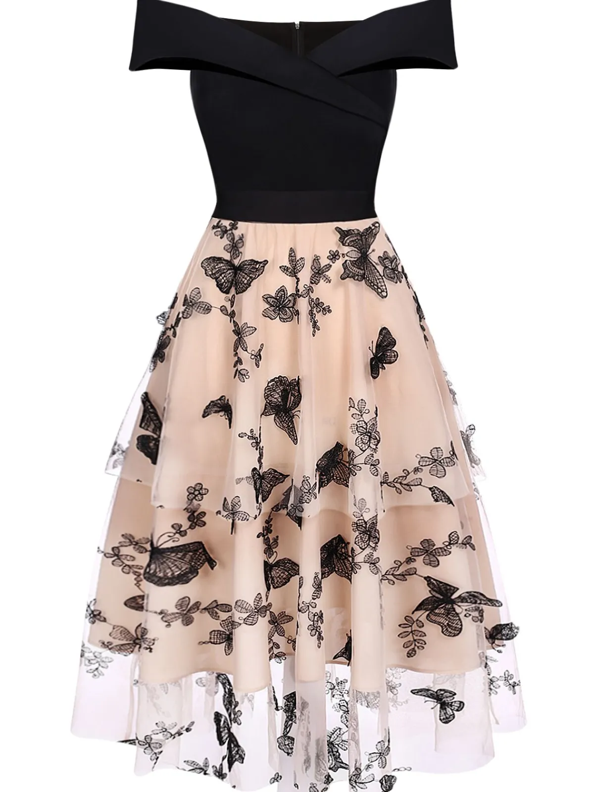 Best Retro Stage 1950s Off-shoulder Lace Butterfly Swing Dress Black