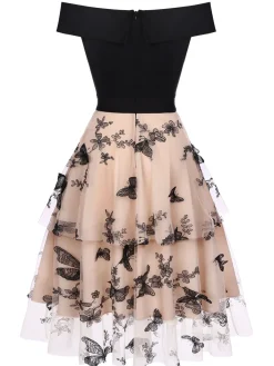 Best Retro Stage 1950s Off-shoulder Lace Butterfly Swing Dress Black