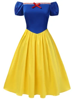 Hot Retro Stage 1950s Off-Shoulder Puff Sleeve Princess Bow Dress Yellow & Blue