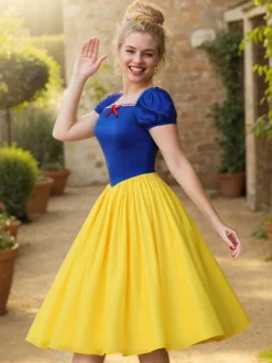 Hot Retro Stage 1950s Off-Shoulder Puff Sleeve Princess Bow Dress Yellow & Blue